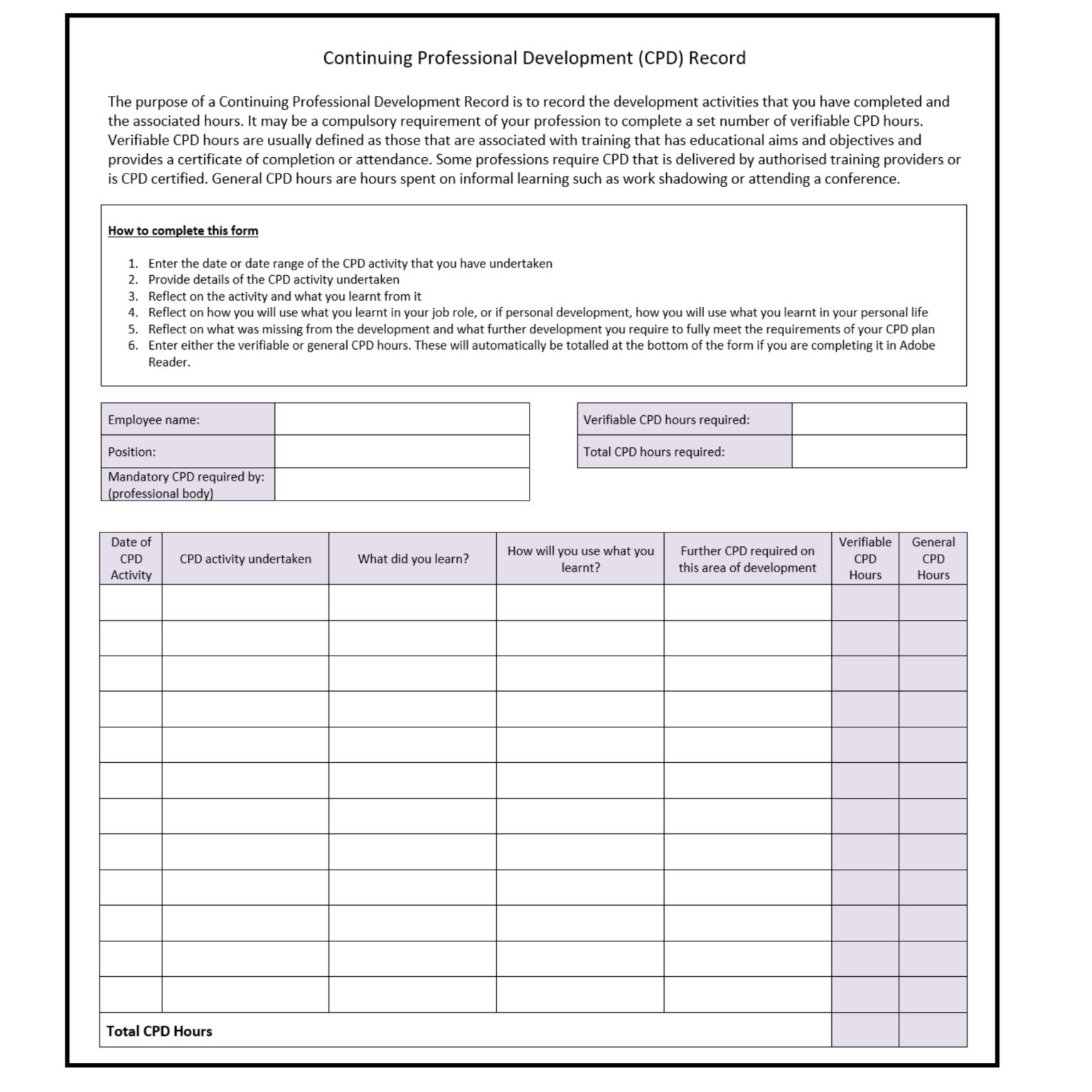 Free Downloadable CPD Record Guidance and Template